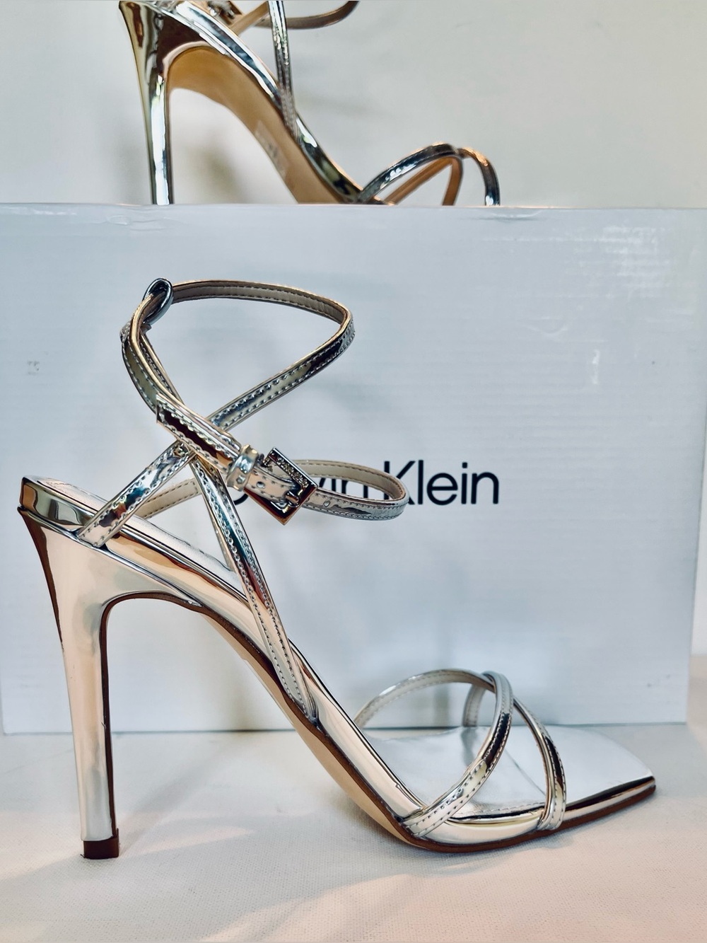EUC CALVIN KLEIN TEGIN SILVER METALLIC STILETTO DRESS SANDAL SIZE 8M - Picture 6 of 15